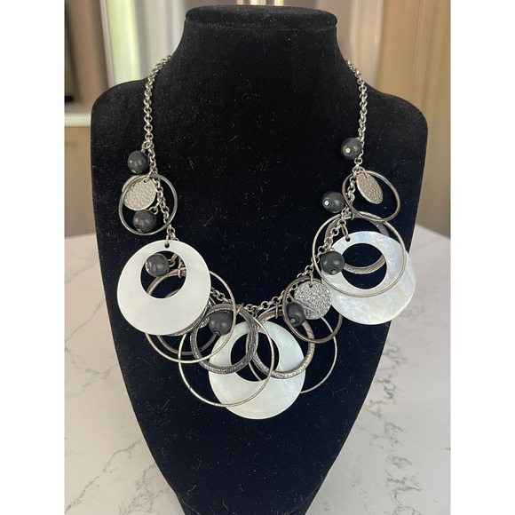 Jewelry - Boho Silver Tone Statement Necklace White Shell Discs Black Beads Bib Style